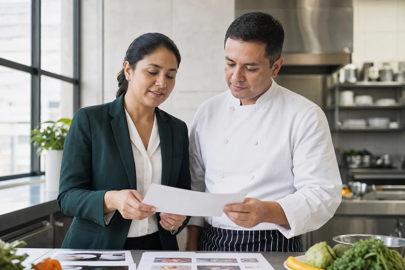 Asesora comercial y chef revisando alternativas para un menú institucional